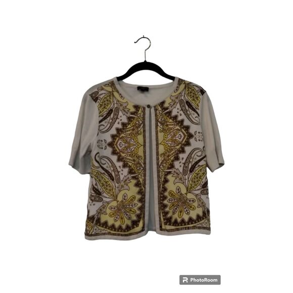 Talbots silk cream and yellow paisley one button cardigan short sleeve sweater - Picture 1 of 5